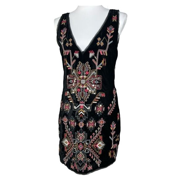 Zara Velvet Dress Black Aztec Beaded Sequin Sleeveless Whimsigoth Mini - Picture 6 of 12